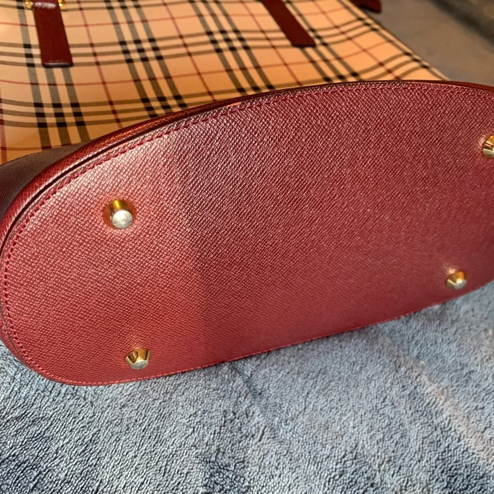 Burberry Beige Check Tote with Burgundy Trim